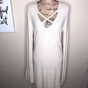 Free People V Neckline Cream Sweater Dress with Bell Sleeves Size Large